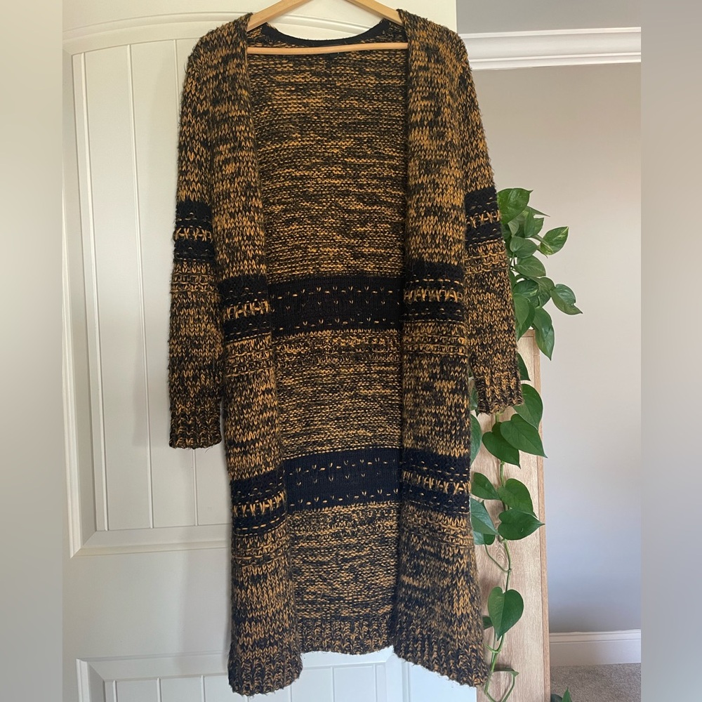 TOPSHOP Woman’s Knitted Maxi Cardigan Black Gold Open Front Block Stripes Size 4